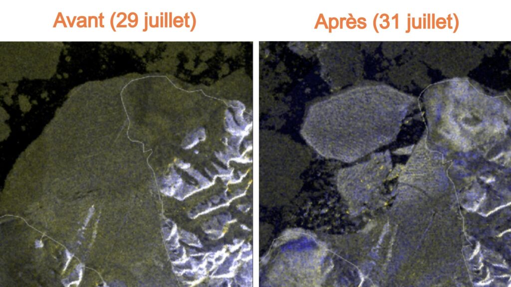 Avant / après l'effondrement d'une partie entière de cette barrière de glace. // Source : Dr. Adrienne White (Canadian Ice Service) Avant / après l'effondrement d'une partie entière de cette barrière de glace. // Source : Dr. Adrienne White (Canadian Ice Service)