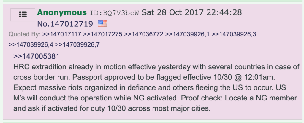 Le premier message de "Q" sur 4chan // Source : URL Le premier message de "Q" sur 4chan // Source : URL