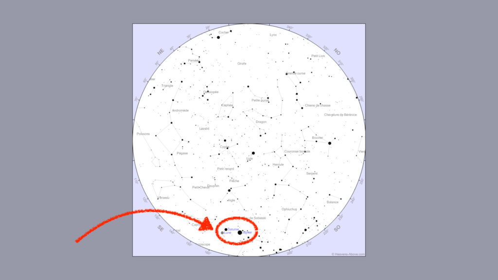 Ciel vu de Paris le 29 août 2020 à 22h. // Source : Capture d'écran Heavens-Above, annotations Numerama Ciel vu de Paris le 29 août 2020 à 22h. // Source : Capture d'écran Heavens-Above, annotations Numerama