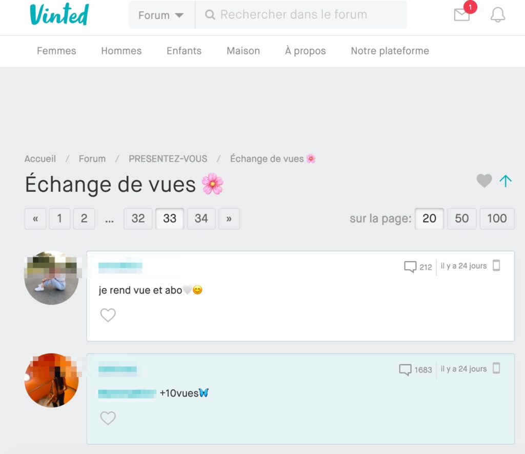 Capture d'écran du forum Vinted