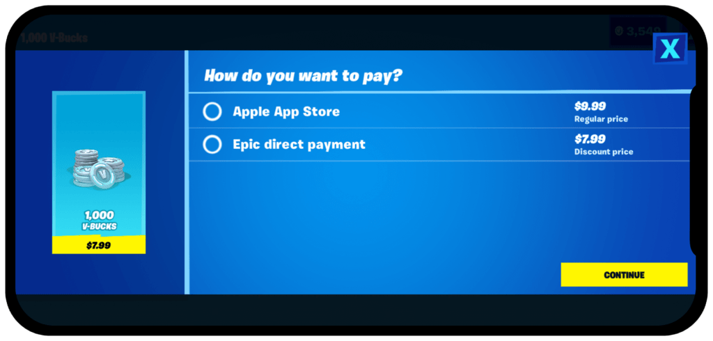 Exemple de futur paiement dans l'app iOS Fortnite // Source : Epic Games Exemple de futur paiement dans l'app iOS Fortnite // Source : Epic Games