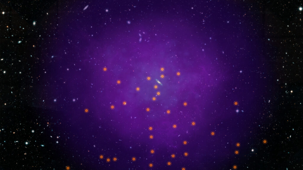 Le halo d'Andromède. Les points représentent des quasars. // Source : NASA, ESA, and E. Wheatley (STScI) (image recadrée) Le halo d'Andromède. Les points représentent des quasars. // Source : NASA, ESA, and E. Wheatley (STScI) (image recadrée)