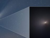 La comète NEOWISE (vue par Hubble dans l'encadré). // Source : NASA, ESA, STScI, Q. Zhang (Caltech), Zoltan G. Levay (photo recadrée)