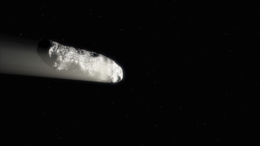 Le dégazage et la rotation d'Oumuamua (vue d'artiste). // Source : ESA/Hubble, NASA, ESO, M. Kornmesser Le dégazage et la rotation d'Oumuamua (vue d'artiste). // Source : ESA/Hubble, NASA, ESO, M. Kornmesser