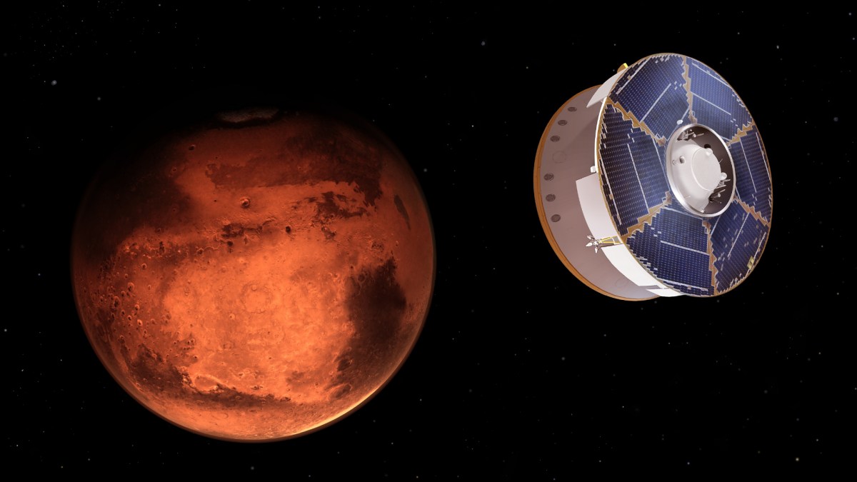Vue d'artiste de l'arrivée de Perseverance sur Mars. // Source : NASA/JPL Caltech, 2020 (photo recadrée) Vue d'artiste de l'arrivée de Perseverance sur Mars. // Source : NASA/JPL Caltech, 2020 (photo recadrée)