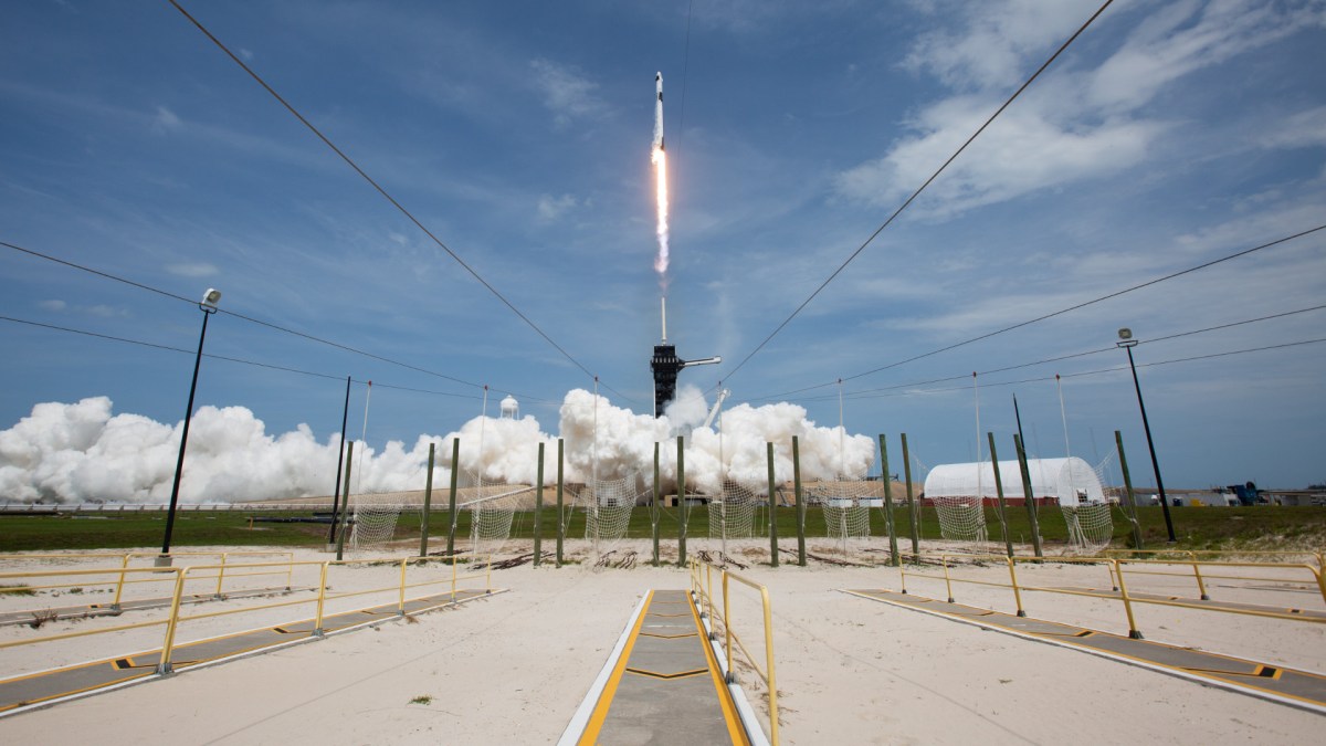 Décollage de la Falcon 9 le 30 mai 2020. // Source : Flickr/CC/Nasa HQ Photo (photo recadrée) Décollage de la Falcon 9 le 30 mai 2020. // Source : Flickr/CC/Nasa HQ Photo (photo recadrée)