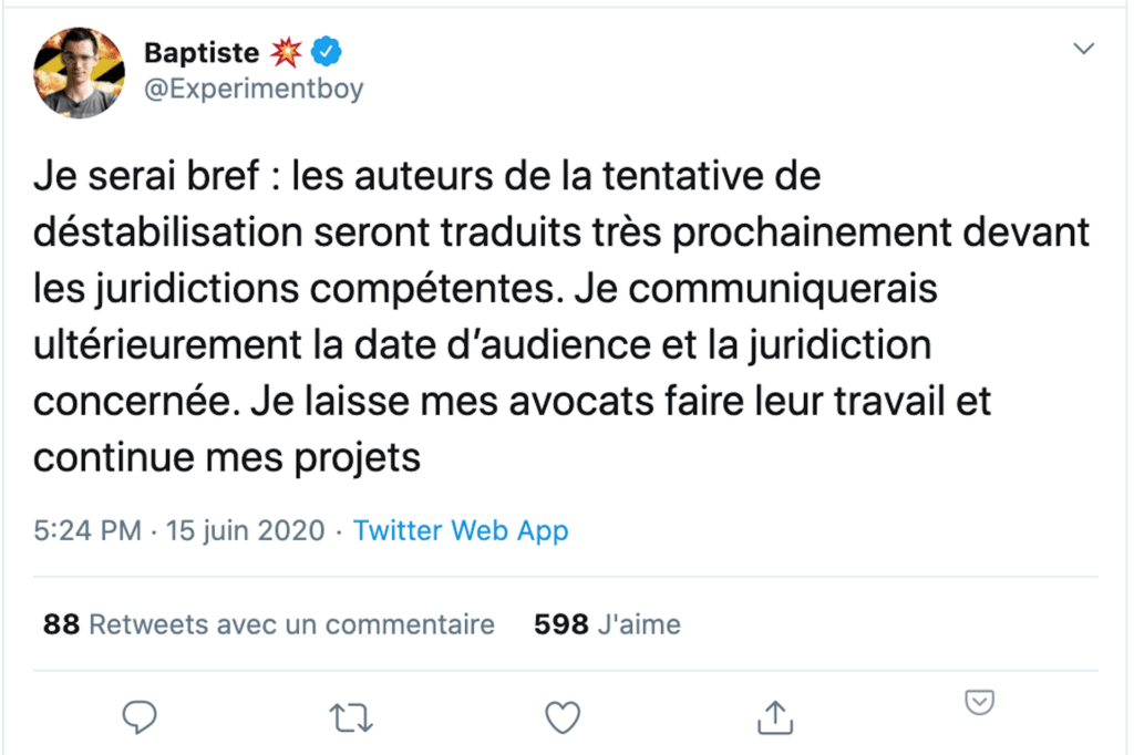 Tweet publié en juin 2020 par Baptiste Mortier-Dumont // Source : Twitter/ExperimentBoy Tweet publié en juin 2020 par Baptiste Mortier-Dumont // Source : Twitter/ExperimentBoy