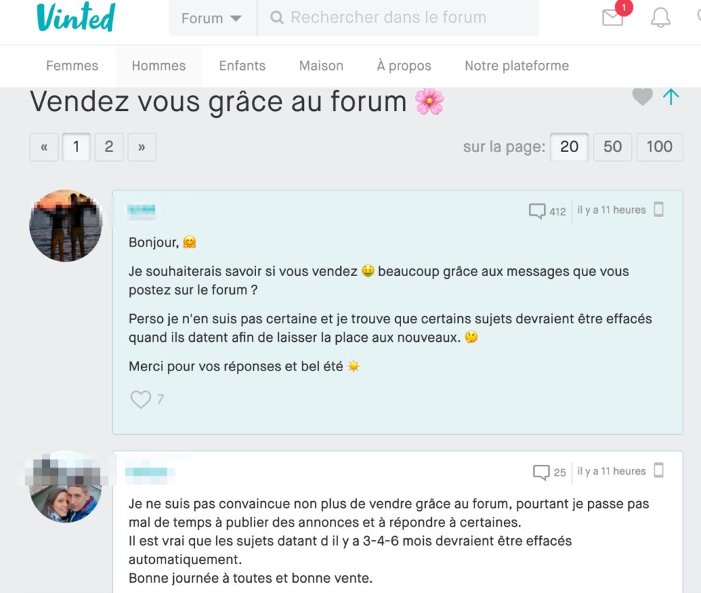 Capture d'écran du forum Vinted