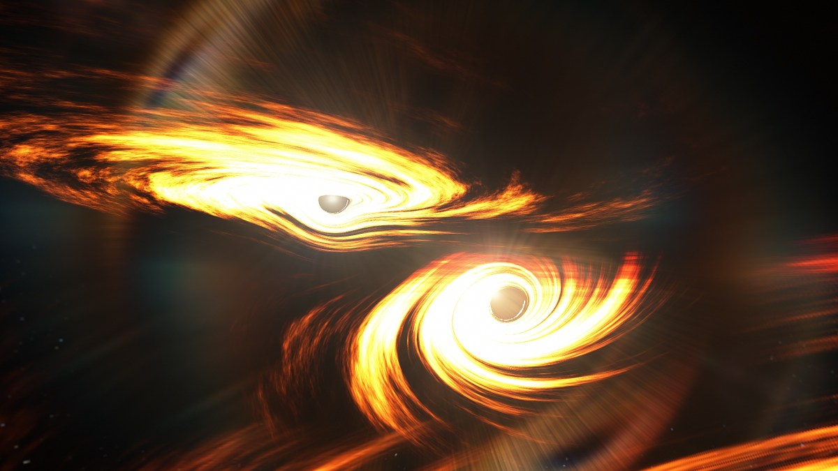 Vue d'artiste d'un trou noir binaire prêt à entrer en collision. // Source : Mark Myers, ARC Centre of Excellence for Gravitational Wave Discovery (OzGrav) Vue d'artiste d'un trou noir binaire prêt à entrer en collision. // Source : Mark Myers, ARC Centre of Excellence for Gravitational Wave Discovery (OzGrav)