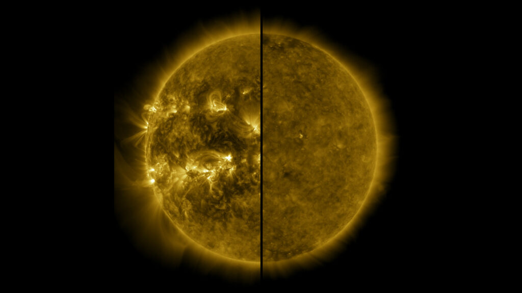 Activité solaire à son maximum en avril 2014 (à gauche) et à son minimum en décembre 2019 (à droite). // Source : NASA/SDO Activité solaire à son maximum en avril 2014 (à gauche) et à son minimum en décembre 2019 (à droite). // Source : NASA/SDO