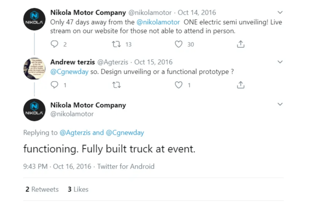 Tweet Nikola // Source : Hindenburg Research Tweet Nikola // Source : Hindenburg Research