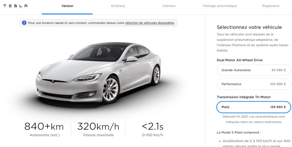 La Tesla Model S Plaid est disponible à 140 000 dollars // Source : Tesla La Tesla Model S Plaid est disponible à 140 000 dollars // Source : Tesla