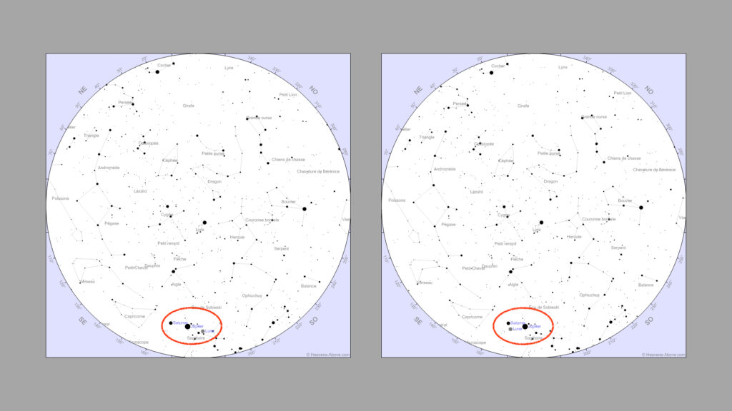 À gauche, le ciel vu jeudi 24 septembre (20h30). À droite, le ciel vu vendredi 25 septembre (20h30). // Source : Captures d'écran Heavens Above, annotations Numerama À gauche, le ciel vu jeudi 24 septembre (20h30). À droite, le ciel vu vendredi 25 septembre (20h30). // Source : Captures d'écran Heavens Above, annotations Numerama