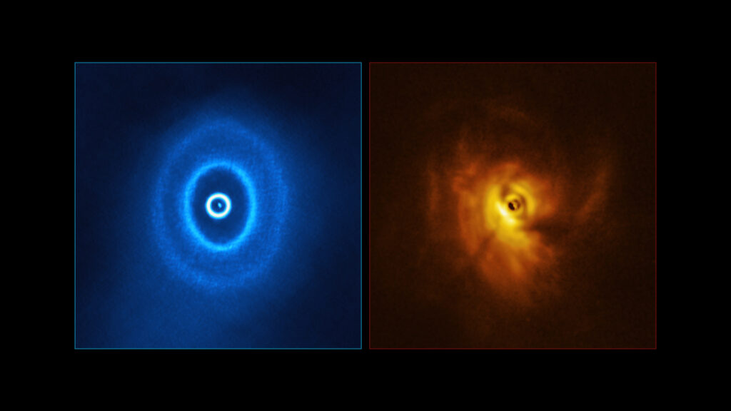 Le système GW Orionis observé par ALMA (gauche) et le VLT (droite). // Source : ALMA (ESO/NAOJ/NRAO), ESO/Exeter/Kraus et al. Le système GW Orionis observé par ALMA (gauche) et le VLT (droite). // Source : ALMA (ESO/NAOJ/NRAO), ESO/Exeter/Kraus et al.