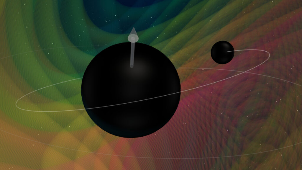 Visualisation de l'événement GW190412. // Source : N. Fischer, H. Pfeiffer, A. Buonanno (Max Planck Institute for Gravitational Physics), Simulating eXtreme Spacetimes (SXS) Collaboration Visualisation de l'événement GW190412. // Source : N. Fischer, H. Pfeiffer, A. Buonanno (Max Planck Institute for Gravitational Physics), Simulating eXtreme Spacetimes (SXS) Collaboration