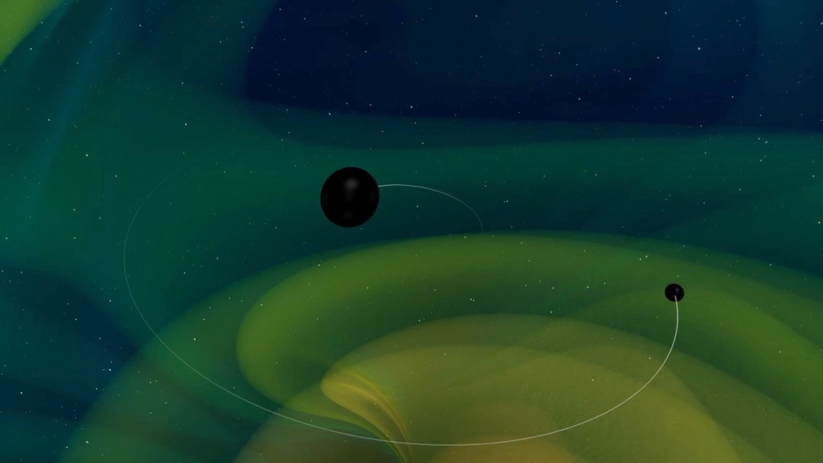 Représentation de deux trous noirs prêts à fusionner. // Source : N. Fischer, H. Pfeiffer, A. Buonanno (Max Planck Institute for Gravitational Physics), Simulating eXtreme Spacetimes (SXS) Collaboration Représentation de deux trous noirs prêts à fusionner. // Source : N. Fischer, H. Pfeiffer, A. Buonanno (Max Planck Institute for Gravitational Physics), Simulating eXtreme Spacetimes (SXS) Collaboration