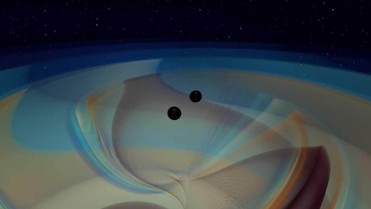 Simulation de la rencontre des deux trous noirs. // Source : N. Fischer, H. Pfeiffer, A. Buonanno (Max Planck Institute for Gravitational Physics), Simulating eXtreme Spacetimes (SXS) Collaboration Simulation de la rencontre des deux trous noirs. // Source : N. Fischer, H. Pfeiffer, A. Buonanno (Max Planck Institute for Gravitational Physics), Simulating eXtreme Spacetimes (SXS) Collaboration