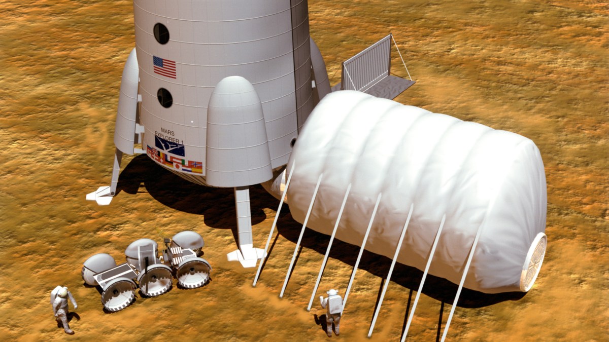 Représentation d'un habitat humain sur Mars. // Source : Flickr/CC/Nasa Johnson (photo recadrée) Représentation d'un habitat humain sur Mars. // Source : Flickr/CC/Nasa Johnson (photo recadrée)