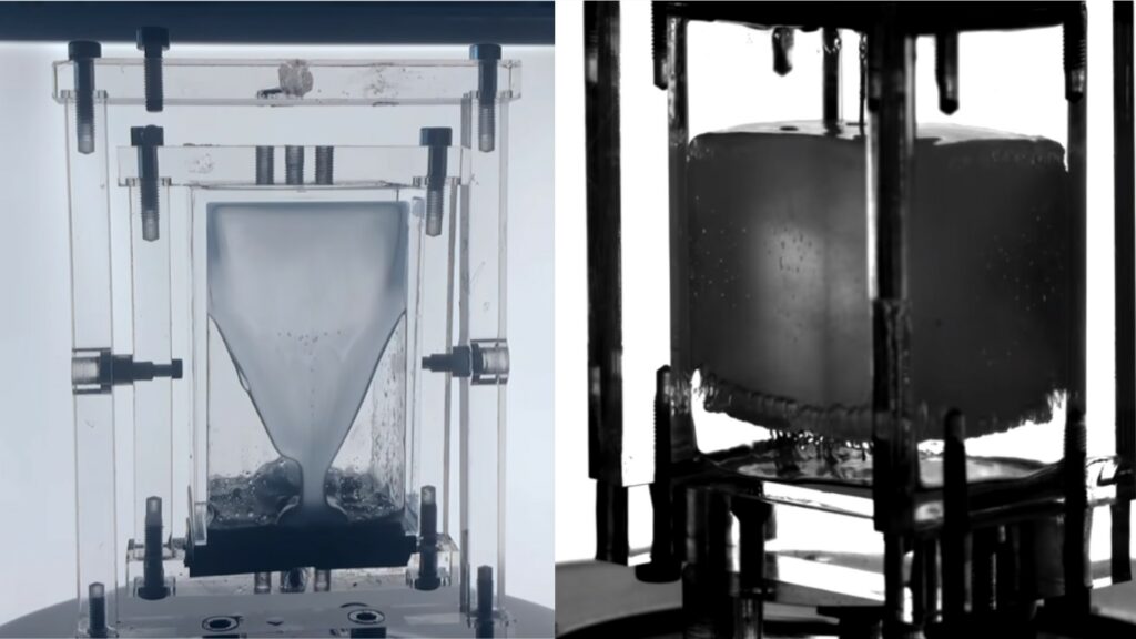 À gauche, du liquide s'écoulant normalement après avoir été renversé. À droite, le liquide en suspension avec les vibrations verticales. // Source : Nature À gauche, du liquide s'écoulant normalement après avoir été renversé. À droite, le liquide en suspension avec les vibrations verticales. // Source : Nature