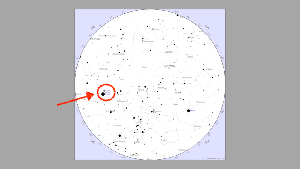 Conjonction de la Lune avec Vénus, le 14 septembre 2020 à 7h, vue de Paris. // Source : Capture d'écran Heavens-Above, annotations Numerama Conjonction de la Lune avec Vénus, le 14 septembre 2020 à 7h, vue de Paris. // Source : Capture d'écran Heavens-Above, annotations Numerama
