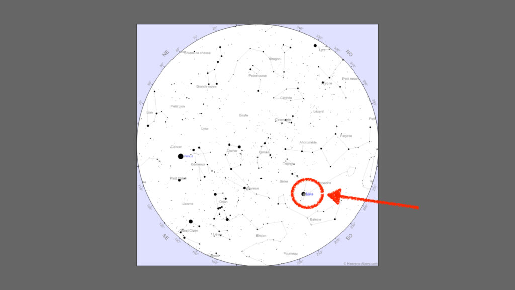 Mars et la Lune, vues de Paris le 6 septembre à 6h45. // Source : Capture d'écran Heavens-Above, annotation Numerama Mars et la Lune, vues de Paris le 6 septembre à 6h45. // Source : Capture d'écran Heavens-Above, annotation Numerama