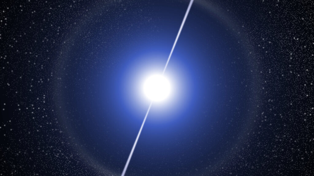 Représentation d'un pulsar. // Source : Wikimedia/CC/Elmi1966 (photo recadrée) Représentation d'un pulsar. // Source : Wikimedia/CC/Elmi1966 (photo recadrée)