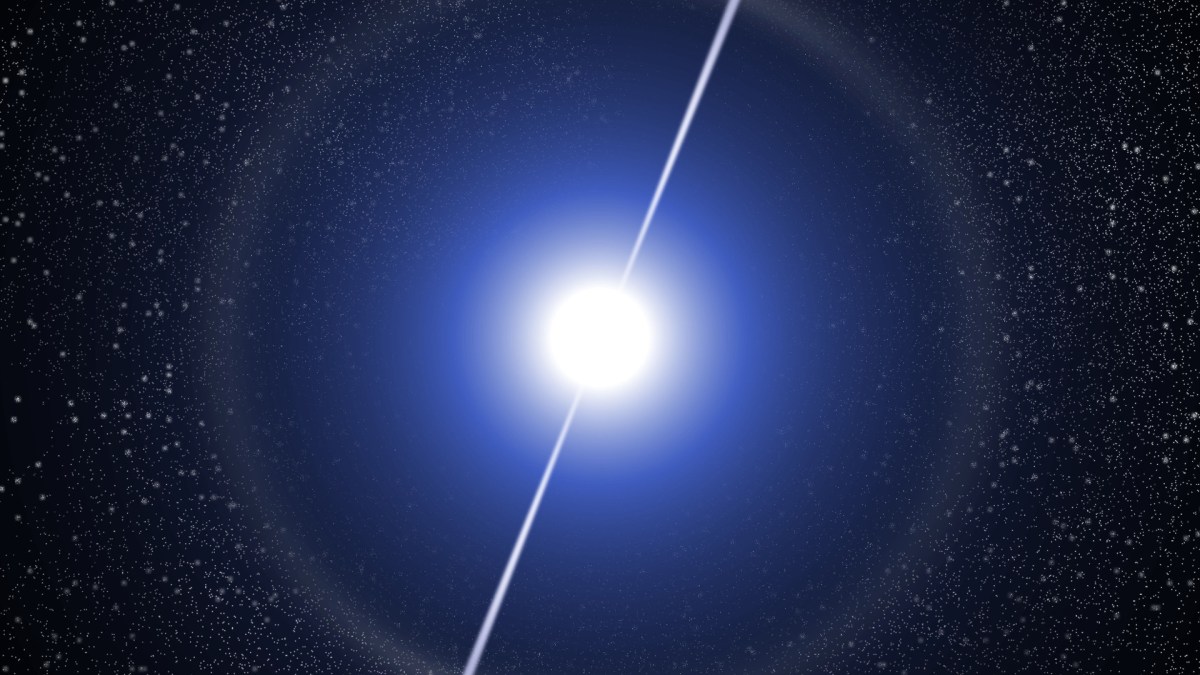 Représentation d'un pulsar. // Source : Wikimedia/CC/Elmi1966 (photo recadrée) Représentation d'un pulsar. // Source : Wikimedia/CC/Elmi1966 (photo recadrée)