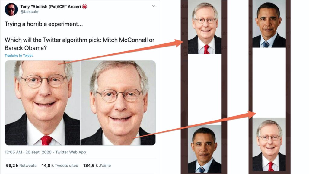 Cette expérience avec la photo du sénateur blanc McConnell et de l'ancien président noir Barack Obama a démarré la polémique. // Source : Twitter/bascule Cette expérience avec la photo du sénateur blanc McConnell et de l'ancien président noir Barack Obama a démarré la polémique. // Source : Twitter/bascule