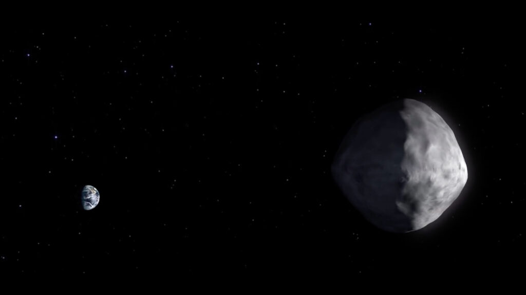 Vue de Bennu et de la Terre. // Source : Capture d'écran YouTube Nasa Goddard Vue de Bennu et de la Terre. // Source : Capture d'écran YouTube Nasa Goddard