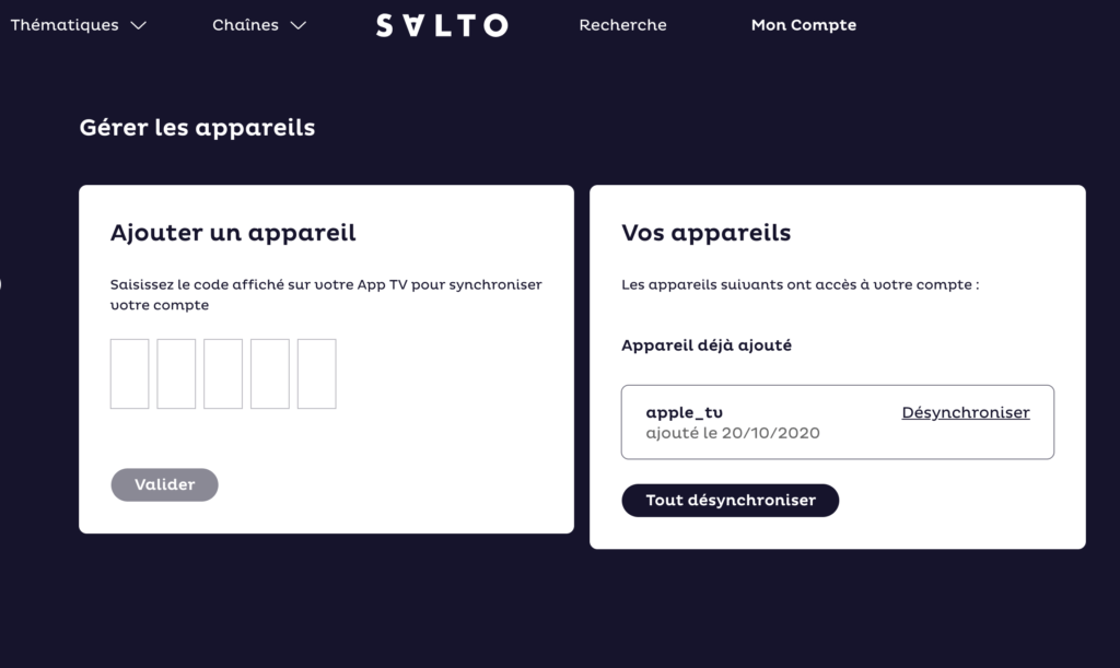 La synchronisation téléviseur / Salto // Source : Capture d'écran Numerama La synchronisation téléviseur / Salto // Source : Capture d'écran Numerama