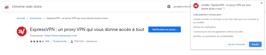 Lors de l'installation de l'extension navigateur pour VPN, le navigateur (ici, Chrome) va demander à l'utilisateur de valider les autorisations demandées. Lors de l'installation de l'extension navigateur pour VPN, le navigateur (ici, Chrome) va demander à l'utilisateur de valider les autorisations demandées.