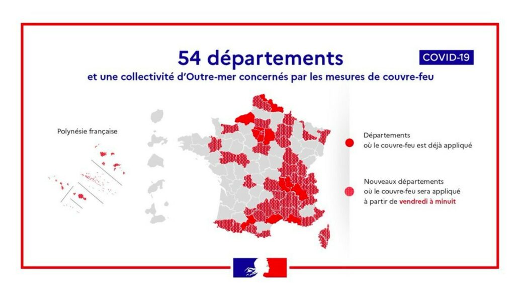 Carte des départements concernés par le couvre-feu au 22 octobre 2020. // Source : Gouvernement Carte des départements concernés par le couvre-feu au 22 octobre 2020. // Source : Gouvernement