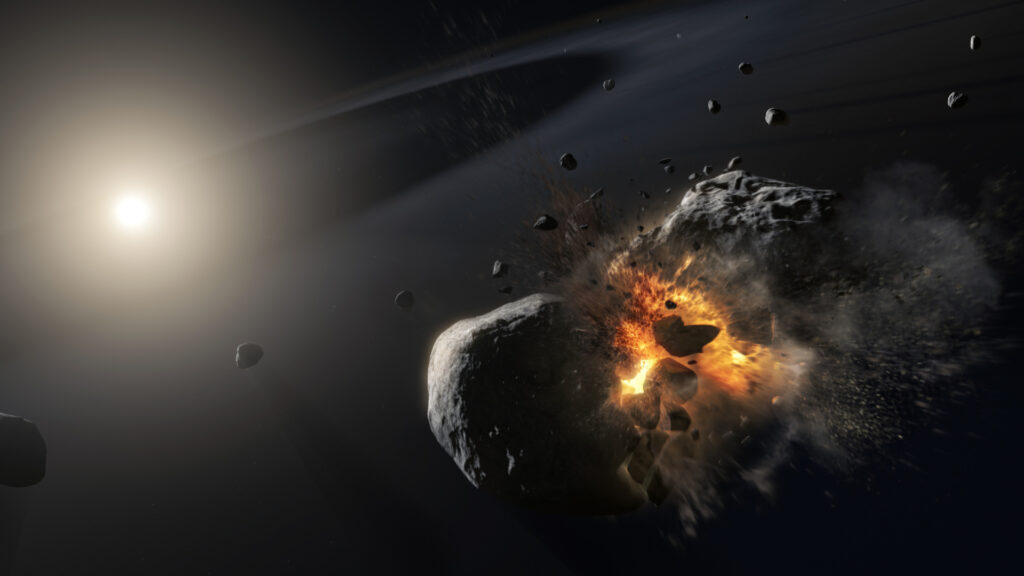 Vue d'artiste de la collision qui avait été soupçonnée d'être une planète. // Source : Nasa (photo recadrée) Vue d'artiste de la collision qui avait été soupçonnée d'être une planète. // Source : Nasa (photo recadrée)