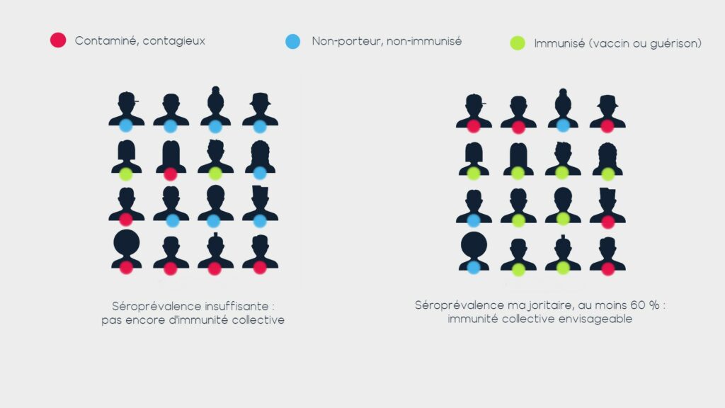 À gauche, séroprévalence insuffisante. À droite, la séroprévalence commence à supposer la possibilité d'une immunité collective. // Source : Numerama / Marcus D.B. / Personnages Freepik À gauche, séroprévalence insuffisante. À droite, la séroprévalence commence à supposer la possibilité d'une immunité collective. // Source : Numerama / Marcus D.B. / Personnages Freepik