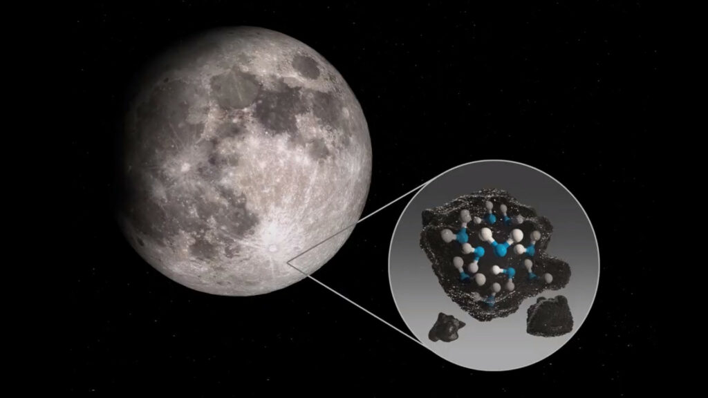Représentation de l'eau détectée sur la Lune. // Source : Capture d'écran YouTube Nasa Vidéo Représentation de l'eau détectée sur la Lune. // Source : Capture d'écran YouTube Nasa Vidéo
