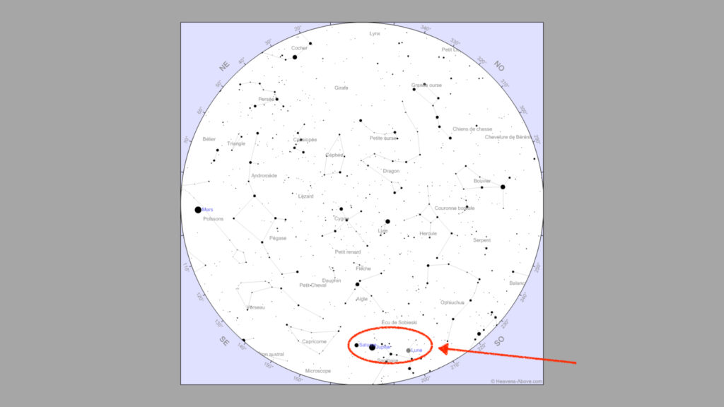 Ciel vu de Paris le 21 octobre 2020 à 19h30. // Source : Heavens Above, annotations Numerama Ciel vu de Paris le 21 octobre 2020 à 19h30. // Source : Heavens Above, annotations Numerama