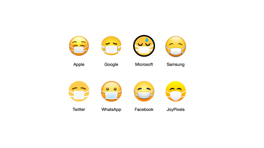 Montage représentant les émojis masque, avec celui d'iOS 14.2 inclus // Source : Emojipedia Montage représentant les émojis masque, avec celui d'iOS 14.2 inclus // Source : Emojipedia