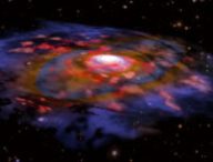 Vue d'artiste d'une galaxie massive dans l'Univers jeune. // Source : B. Saxton NRAO/AUI/NSF, ESO, NASA/STScI; NAOJ/Subaru