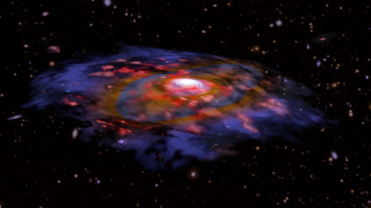 Vue d'artiste d'une galaxie massive dans l'Univers jeune. // Source : B. Saxton NRAO/AUI/NSF, ESO, NASA/STScI; NAOJ/Subaru Vue d'artiste d'une galaxie massive dans l'Univers jeune. // Source : B. Saxton NRAO/AUI/NSF, ESO, NASA/STScI; NAOJ/Subaru