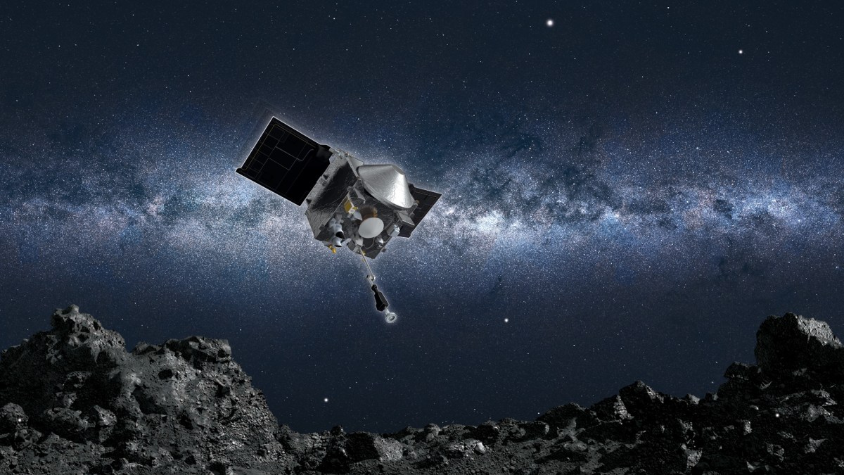 Vue d'artiste de la sonde OSIRIS-REx en approche de Bennu. // Source : NASA/Goddard/University of Arizona (photo recadrée) Vue d'artiste de la sonde OSIRIS-REx en approche de Bennu. // Source : NASA/Goddard/University of Arizona (photo recadrée)