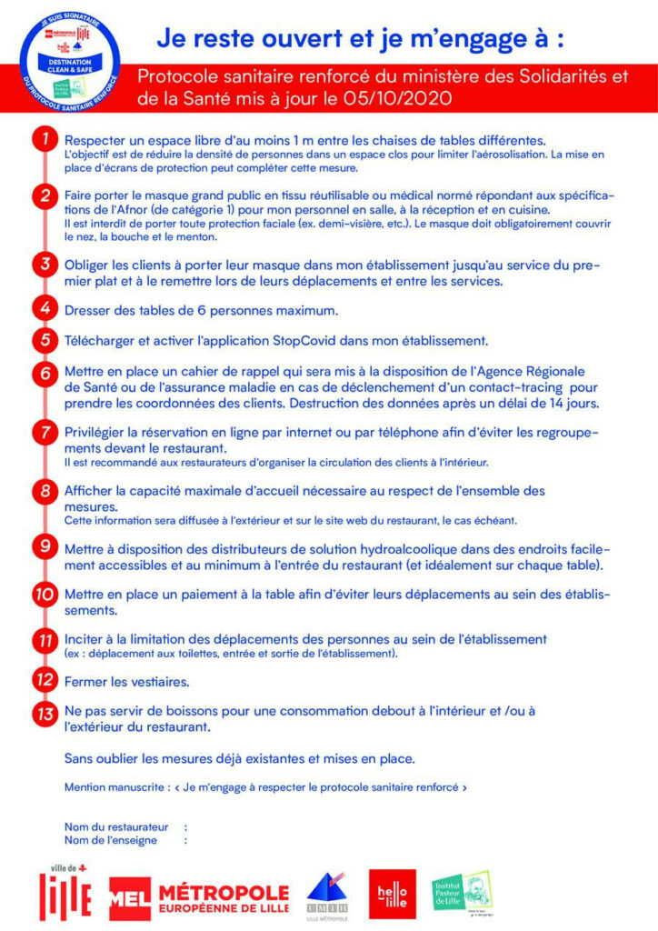 Le protocole sanitaire renforcé établi par la mairie à destination des restaurateurs comporte 13 points, le 5ème va vous étonner. // Source : Mairie de Lille Le protocole sanitaire renforcé établi par la mairie à destination des restaurateurs comporte 13 points, le 5ème va vous étonner. // Source : Mairie de Lille