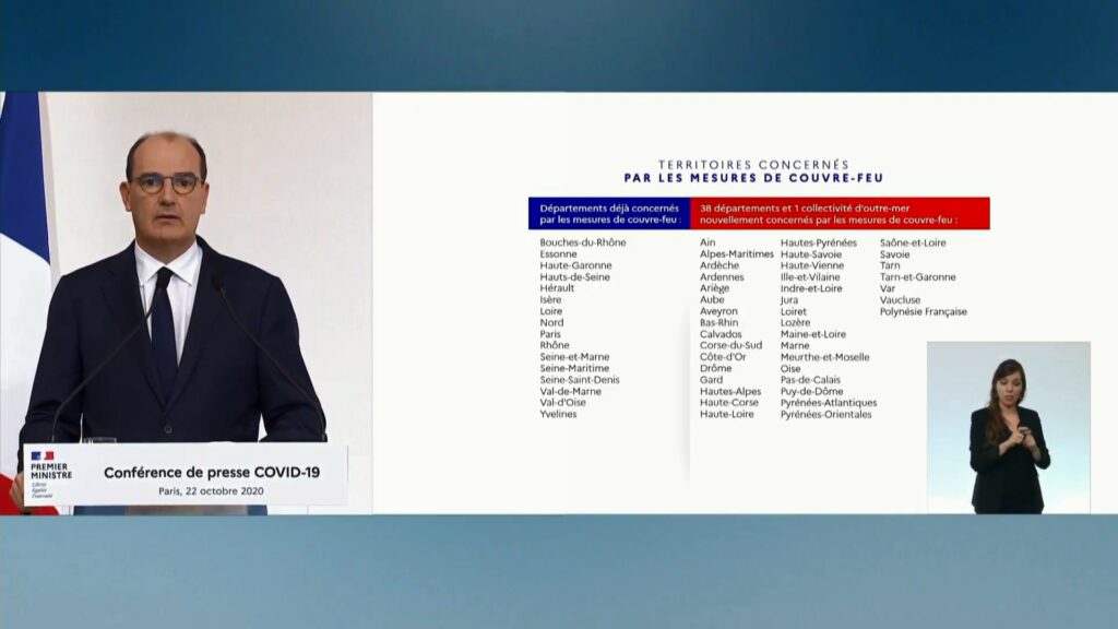 Territoires concernés par le couvre feu au 22 octobre 2020 // Source : Gouvernement Territoires concernés par le couvre feu au 22 octobre 2020 // Source : Gouvernement