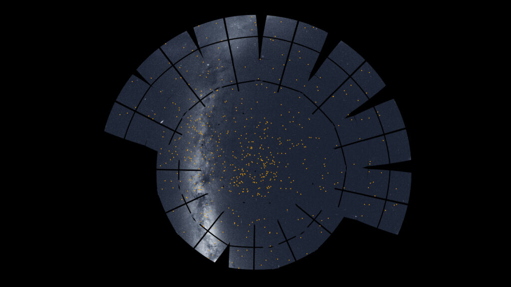 Position de plus de 600 exoplanètes candidates identifiées par TESS. // Source : NASA/MIT/TESS and Ethan Kruse (USRA) Position de plus de 600 exoplanètes candidates identifiées par TESS. // Source : NASA/MIT/TESS and Ethan Kruse (USRA)