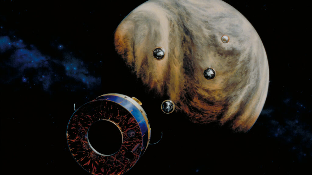 Vue d'artiste du largage des sondes Pioneer Venus Multiprobe. // Source : Nasa/Paul Hudson Vue d'artiste du largage des sondes Pioneer Venus Multiprobe. // Source : Nasa/Paul Hudson