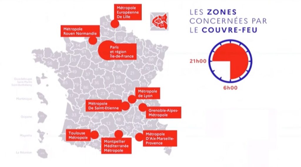 Carte des zones en "couvre-feu" en France le 17 octobre 2020. // Source : Gouvernement Carte des zones en "couvre-feu" en France le 17 octobre 2020. // Source : Gouvernement