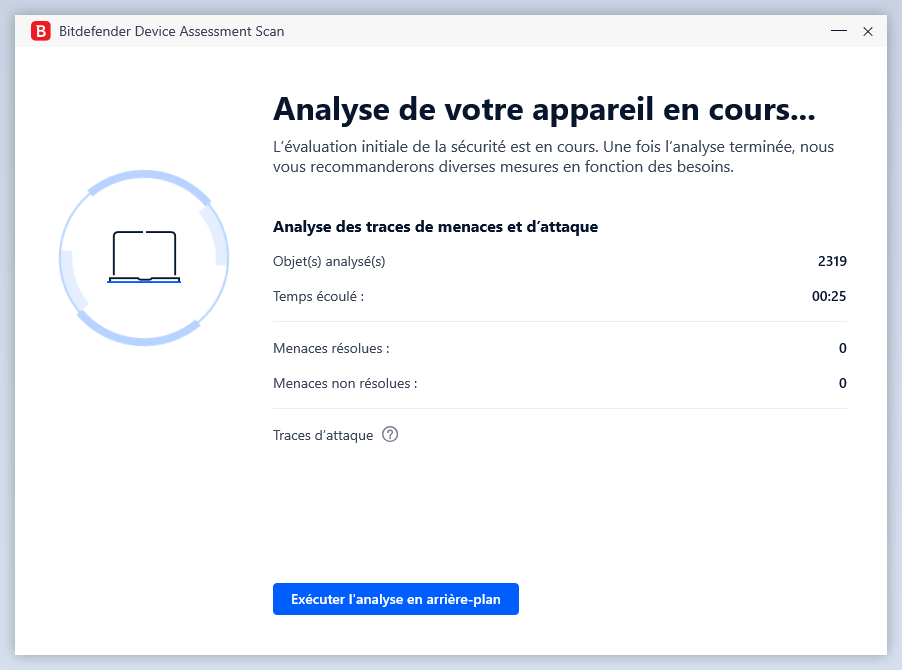 Au premier lancement de Bitdefender Total Security, l'antivirus va lancer une analyse sur la machine de l'utilisateur. Au premier lancement de Bitdefender Total Security, l'antivirus va lancer une analyse sur la machine de l'utilisateur.