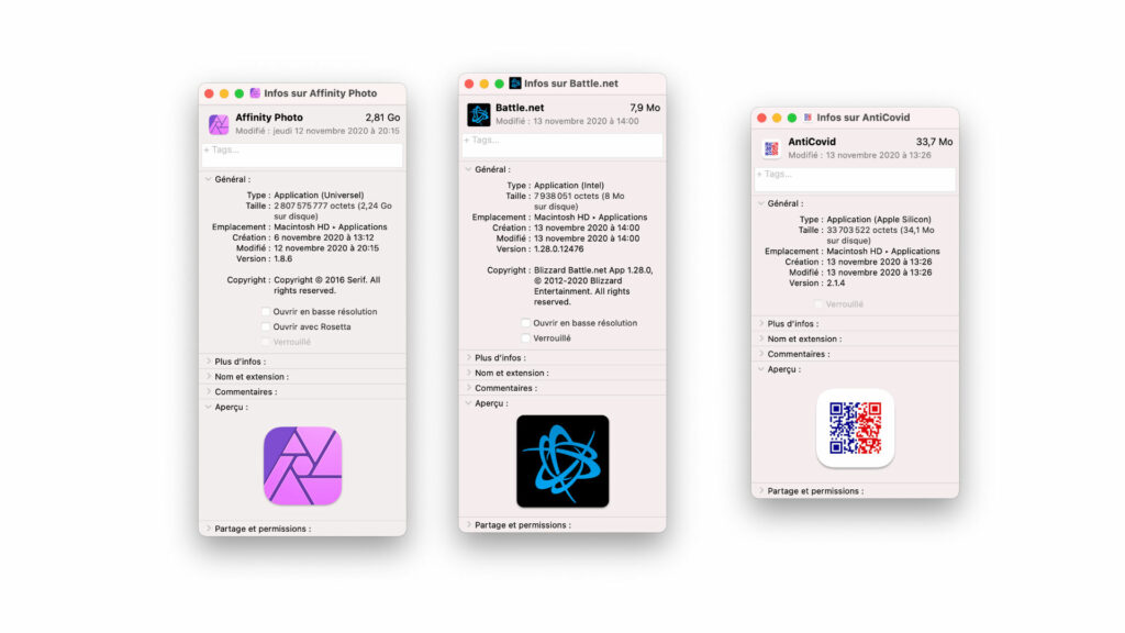 Pour savoir si une application est native (Universel), émulée (Intel) ou vient d'iOS (Apple Silicon), il suffit de faire clic droit et Lire les informations // Source : Capture d'écran Numerama Pour savoir si une application est native (Universel), émulée (Intel) ou vient d'iOS (Apple Silicon), il suffit de faire clic droit et Lire les informations // Source : Capture d'écran Numerama