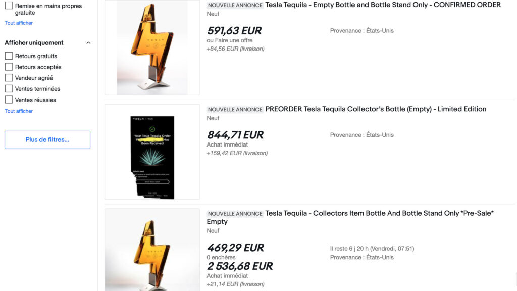 Tequila Tesla sur eBay // Source : Capture d'écran Tequila Tesla sur eBay // Source : Capture d'écran