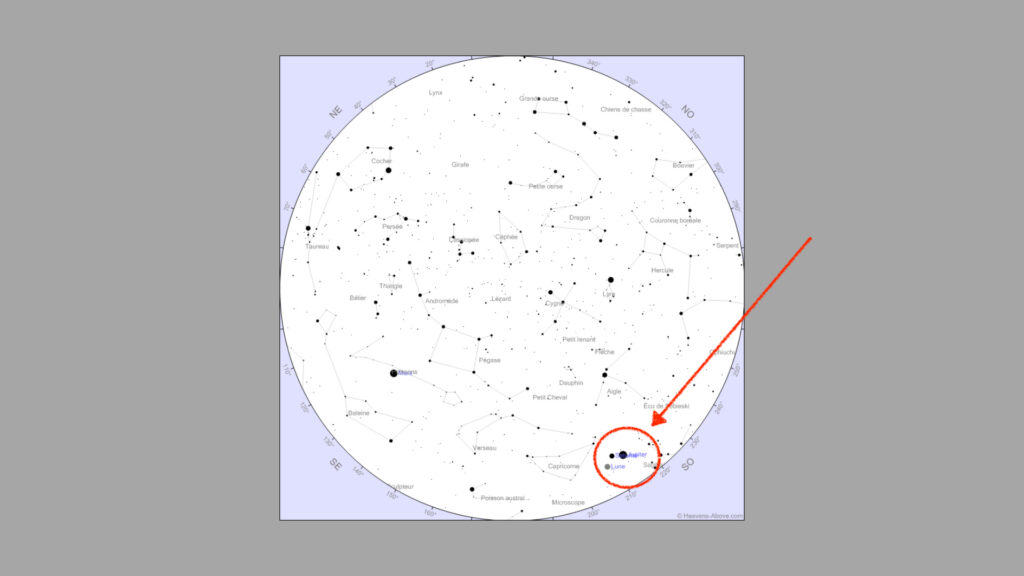 Carte du ciel vu de Paris le 19 novembre 2020 à 19h. // Source : Capture d'écran Heavens-Above, annotations Numerama