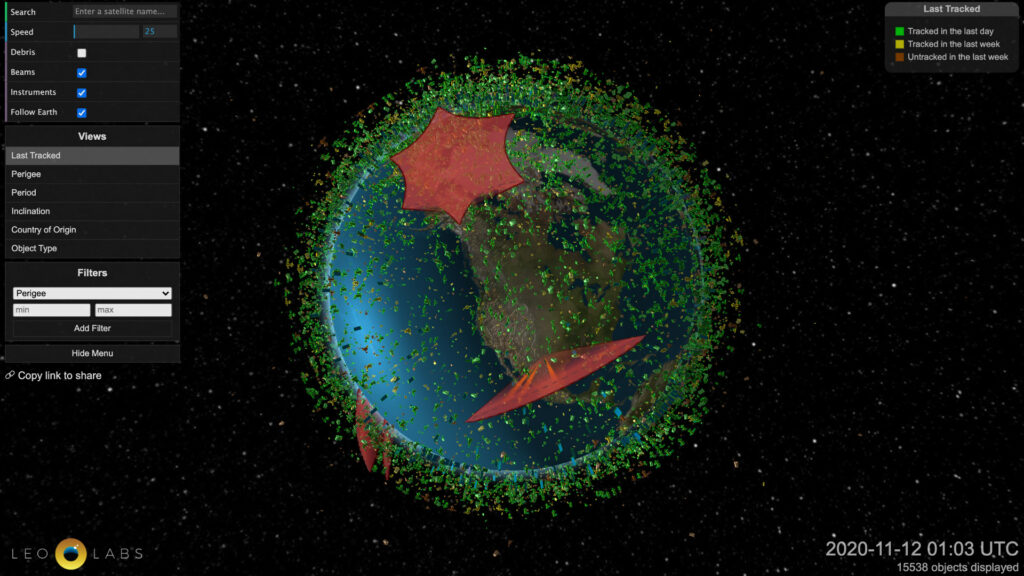 La visualisation de LeoLabs. // Source : Capture d'écran le 13 novembre 2020 La visualisation de LeoLabs. // Source : Capture d'écran le 13 novembre 2020